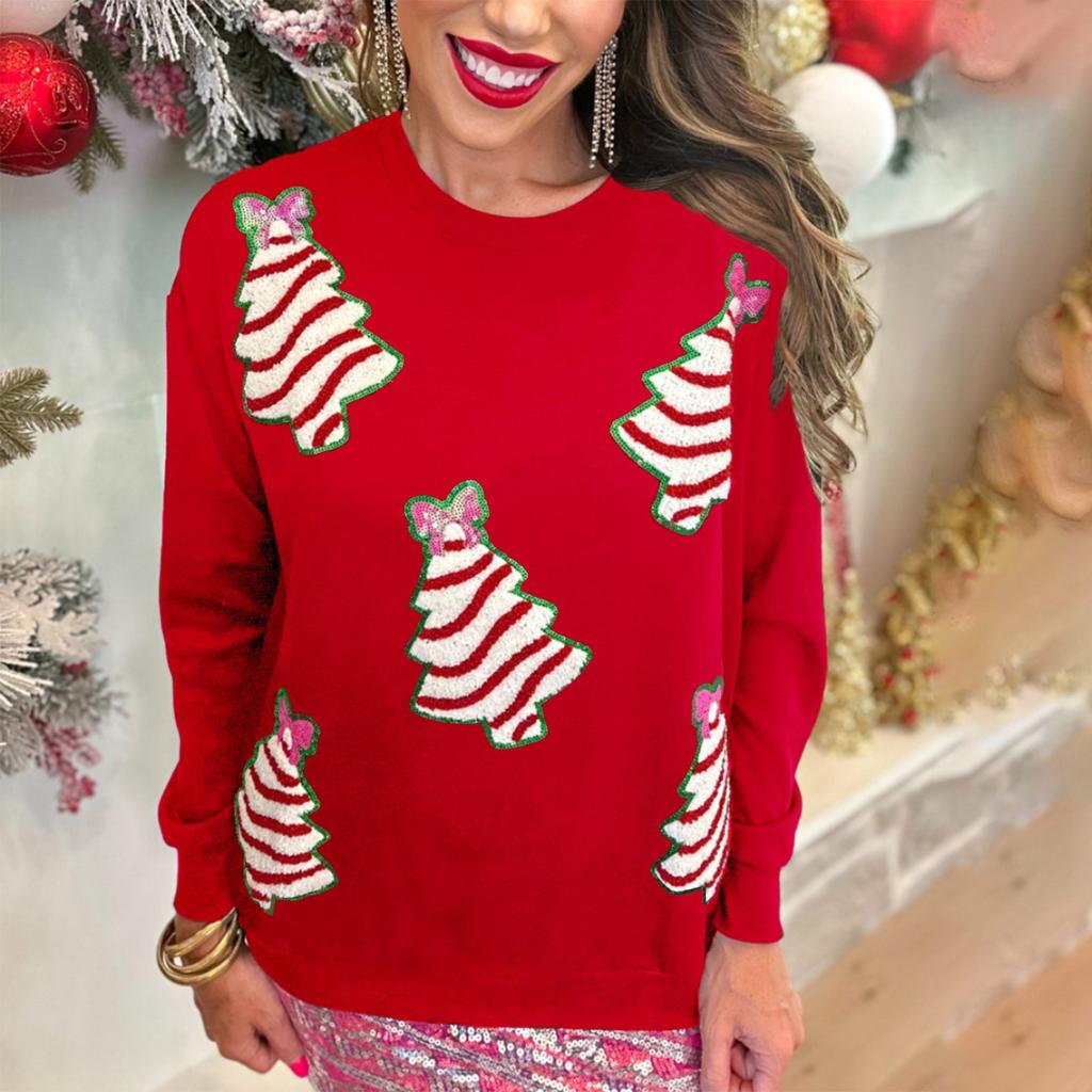 Women S Loose Fit Round Neck Pullover Hoodie With Christmas Tree Sequins Pattern