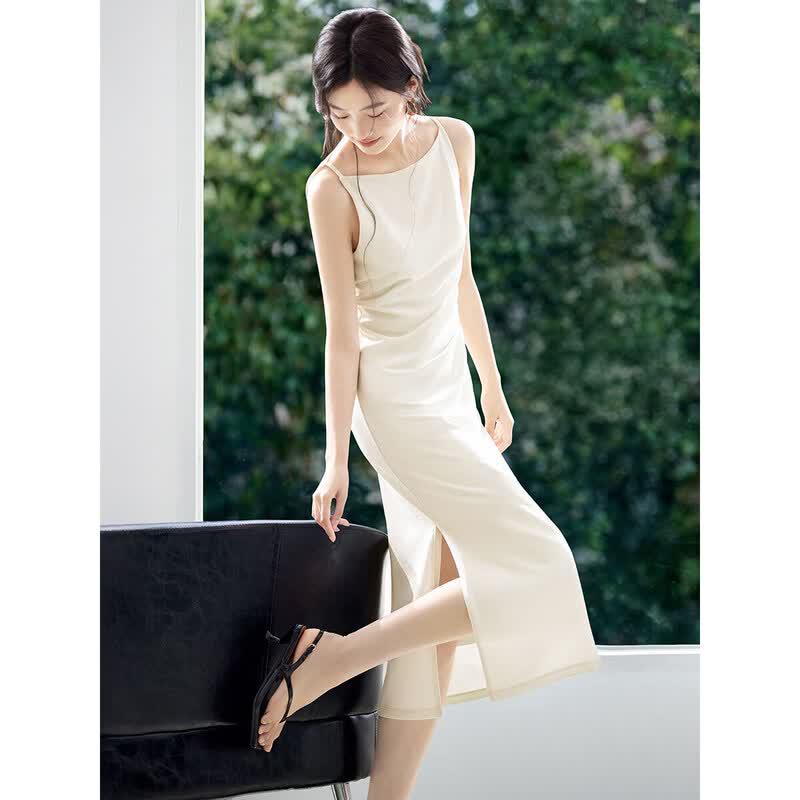 Elegant Asymmetrical Pleated Split Hem Midi Dress