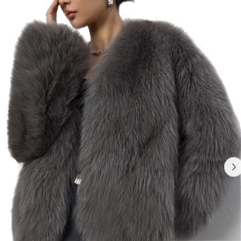 Fur V-neck faux fur jacket short fashion fox fur jacket fluffy plush women's clothing