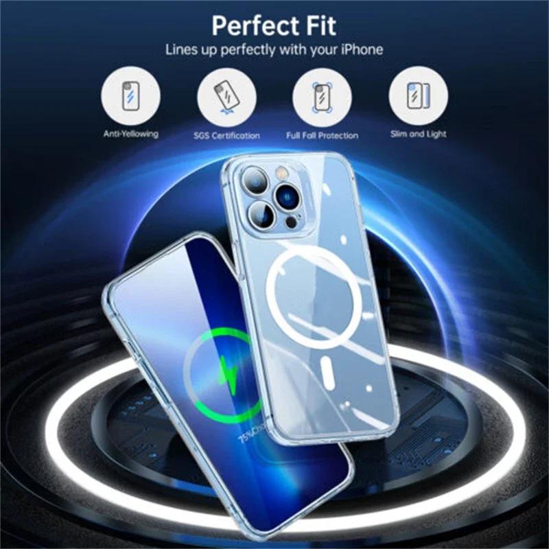Transparent Magnetic Phone Case For iPhone 16 15 14 13 12 11 Pro Max Plus Wireless Charging Protective Cover Shell for Magsafe