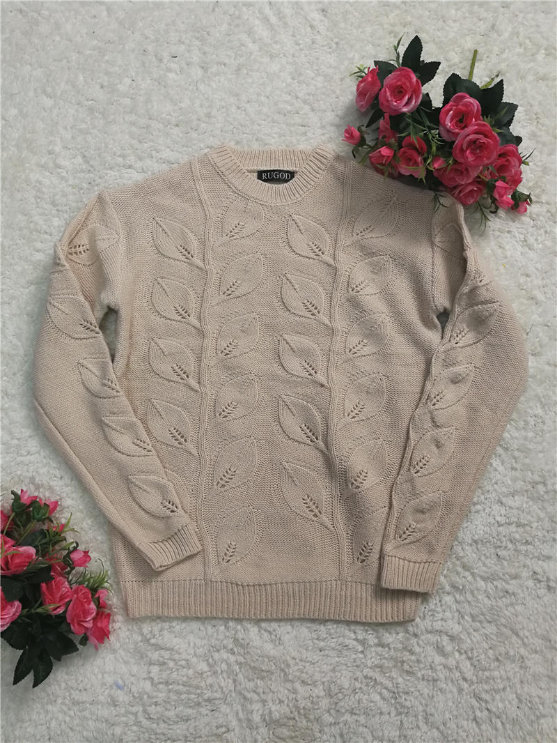 

RUGOD 2025 Осень Весна Вязаный Пуловер Женский Элегантный Вязаный Свитер с Узором Листьев Женский Свитер Джемперы Befree One Size хаки