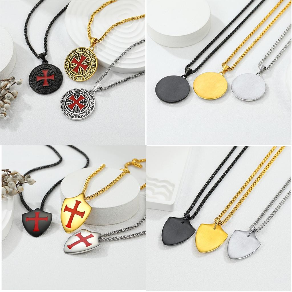 U7 Templer Halsketten aus Edelstahl für Herren Ritterkreuz Schild Anhänger 3D Geprägtes Amulett Symbol Christlicher Unisex Schmuck Geschenk