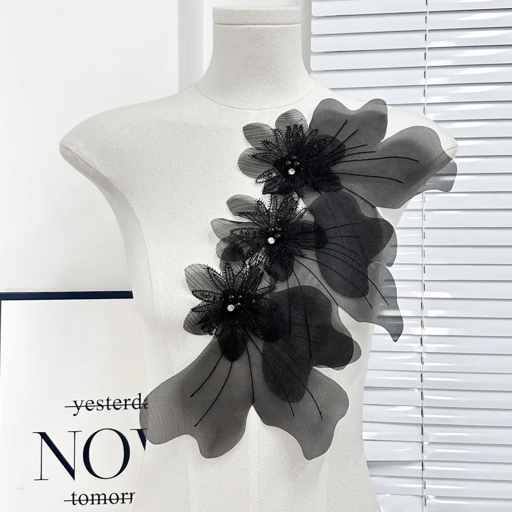 New Multi-layer Organza Flower Patch DIY Large Dress Cloth Pin Hand-made 3D Embroidery Studded Patch Corsage Accessory