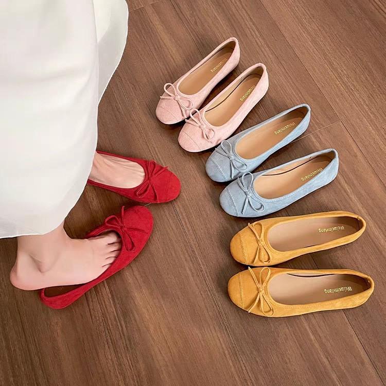 Source factory~ 2025 new spring and autumn French flat-soled single shoes women's bow suede one-pedal Doudou shoes