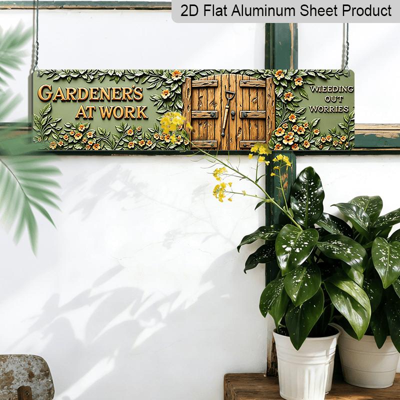 Aluminium Decorative Sign 2D Flat Designed with Gardening Elements, 15.7×3.94inch, Featuring Floral Patterns And Gardening Tools. This Piece of