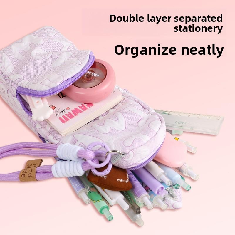 Canvas Double Layer Pencil Case For Students With Large Capacity Portable Storage Bag For School Supplies