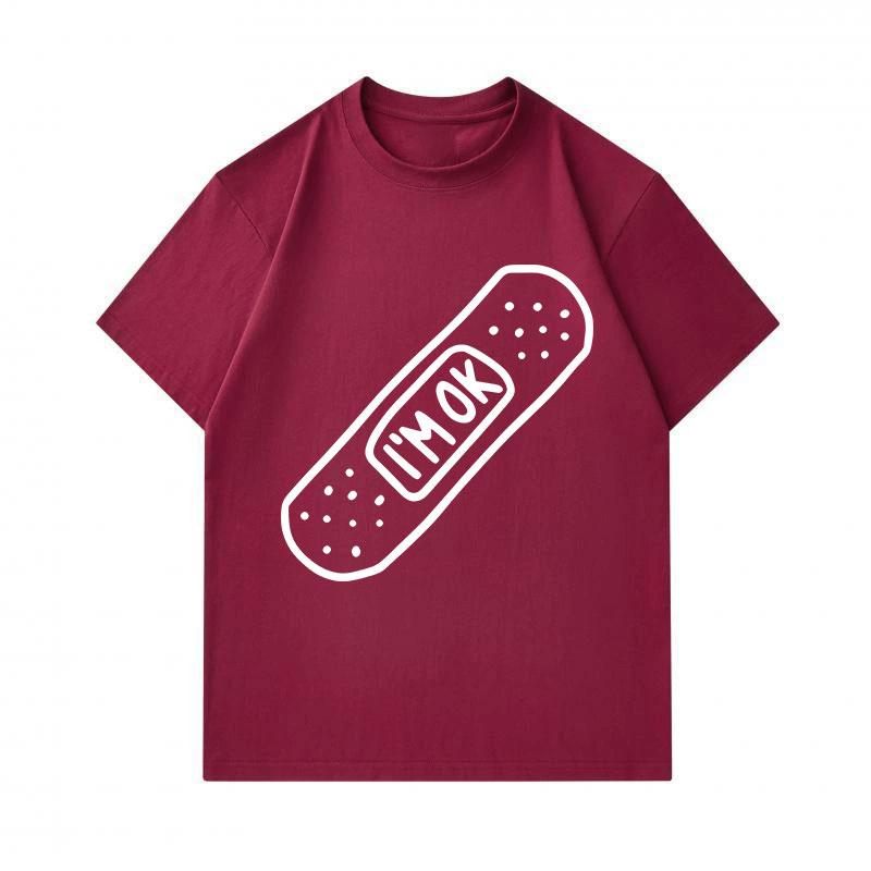 Men's 100% Cotton Crew Neck Short Sleeve T-Shirt, Casual I'm OK Bandage Printed Soft Breathable Lightweight Tee, Comfortable Daily Wear Summer Top for