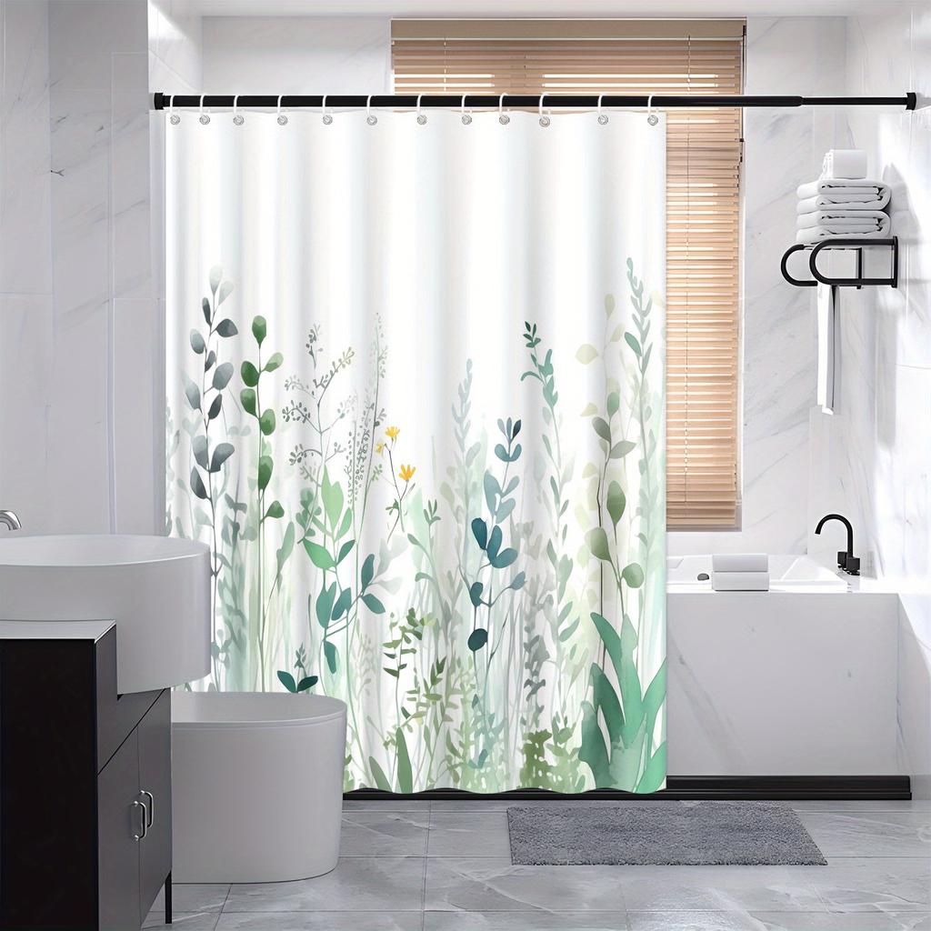 1pc Wildflower And Weed Shower Curtain with Natural Green Landscape, 70X70 Inch Polyester Shower Curtain, 12 Hooks.