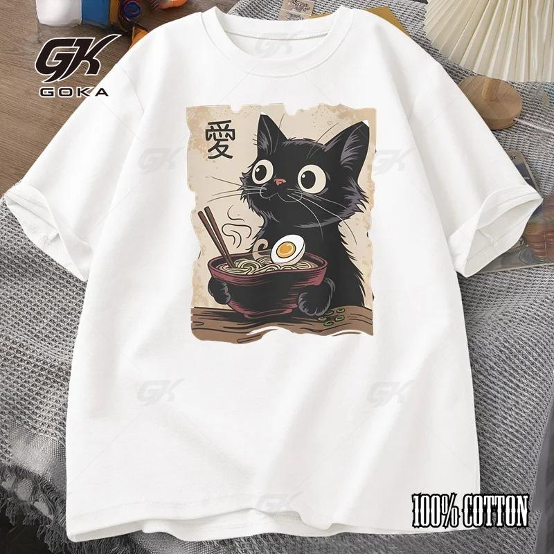 Vtipné kočičí ramen grafické tričko Japonské kawaii anime kočičí tričko Bavlna Krátký rukáv Nadměrné Ležérní Tričko s krátkým rukávem Streetwear