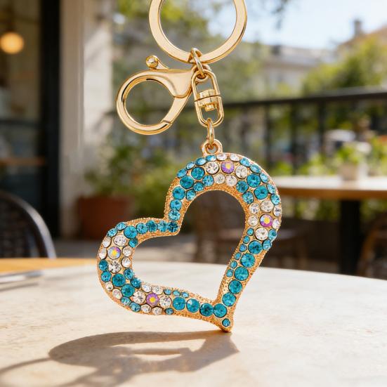 Keychain Pendant 3D Cartoon Heart Design Colorful Rhinestones Inlaid Key Chain with Lobster Clasp Key Ring Bags Accessories