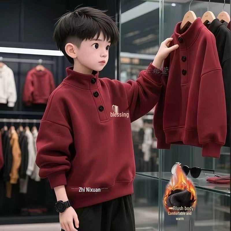 

Boys Year of the Horse Wine Red Velvet Sweatshirt - Festive Stand-up Collar 2026 New Year Style Zodiac Bestseller 150 [Height 140-150cm]