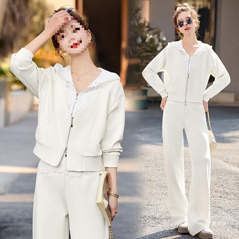 2025 New Style Gray Sweatshirt Hoodie and Zip-Up Jacket Faux Two-Piece with Straight-Leg Pants Set #903