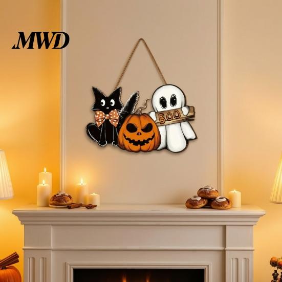 Festive Porch Hanging Plaques Halloween Wooden Welcome Door Sign, Vintage Black Cat Jack-o-lantern Ghost Holiday Atmosphere Room Decor Decoration,