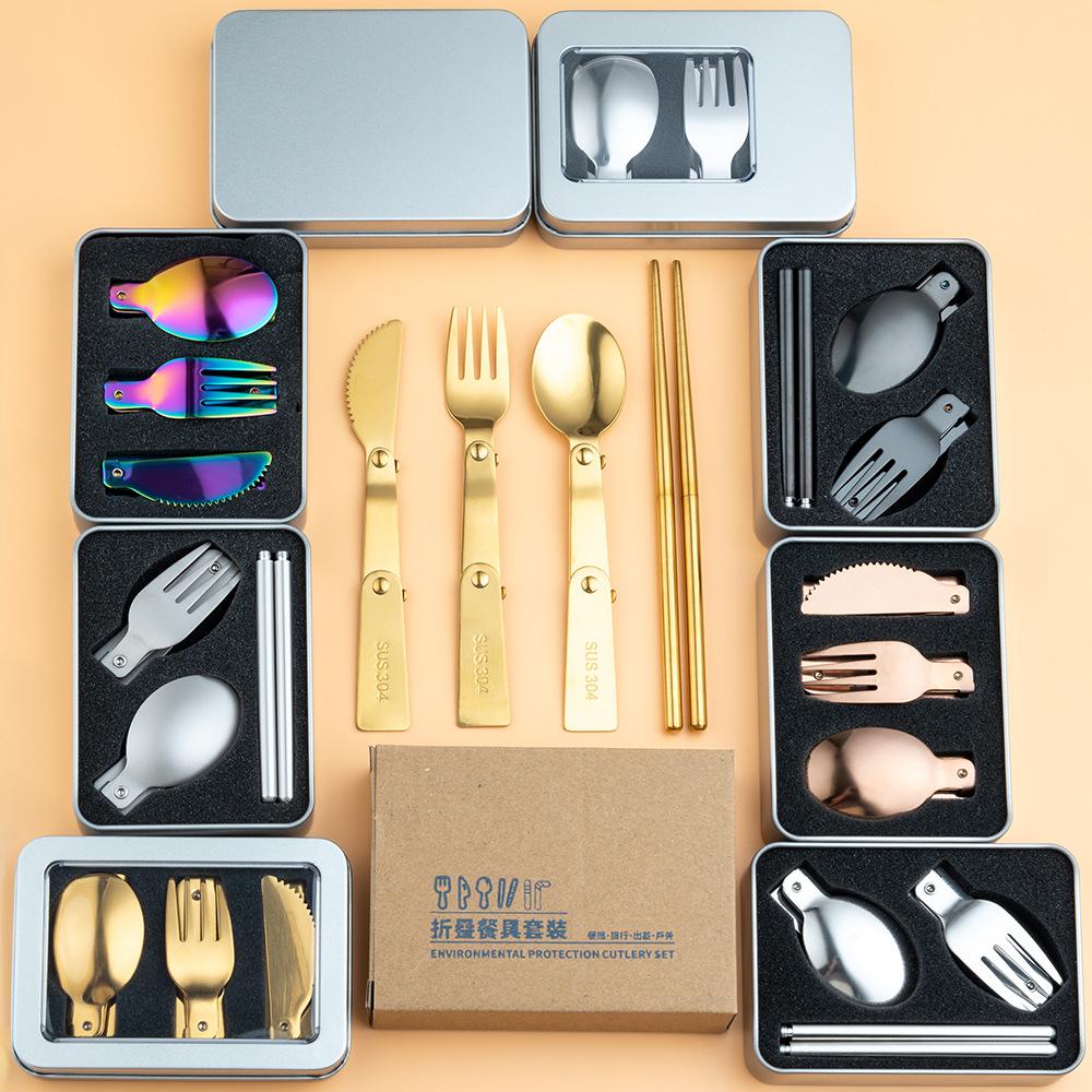 Stainless Steel Knives, Forks, Spoons, Tableware Sets, Student Travel Folding Spoons, Forks and Chopsticks, Portable Storage Creative Gifts