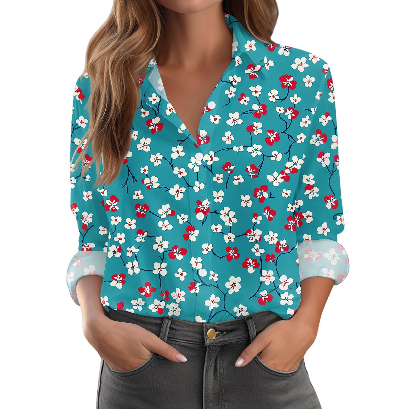 

Жіноча сорочка з ґудзиками з квітковим принтом, повсякденна сорочка з довгим рукавом звичайного крою, блузки, повсякденні базові топи великих розмірів XXL ціан