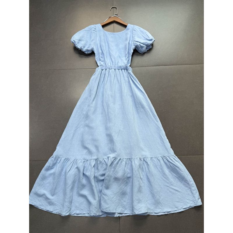 

Foreign Trade Order @ Str35% Linen/65% Lysel Princess on the Run A Word Swing Temperament Big Backless Dress Long dress Big Blue Open Back M