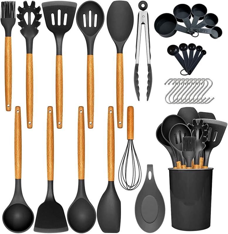 Cooking Utensil Set - 33 Piece Non-Stick Silicone Kitchen Utensil Kit with Wooden Handle, Bating Brush, Egg Beater, Tongs.