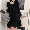 Lace splicing dark bubble sleeves Hepburn small black dress women's autumn new gentle light luxury design dress