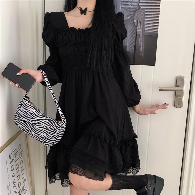 Lace splicing dark bubble sleeves Hepburn small black dress women's autumn new gentle light luxury design dress