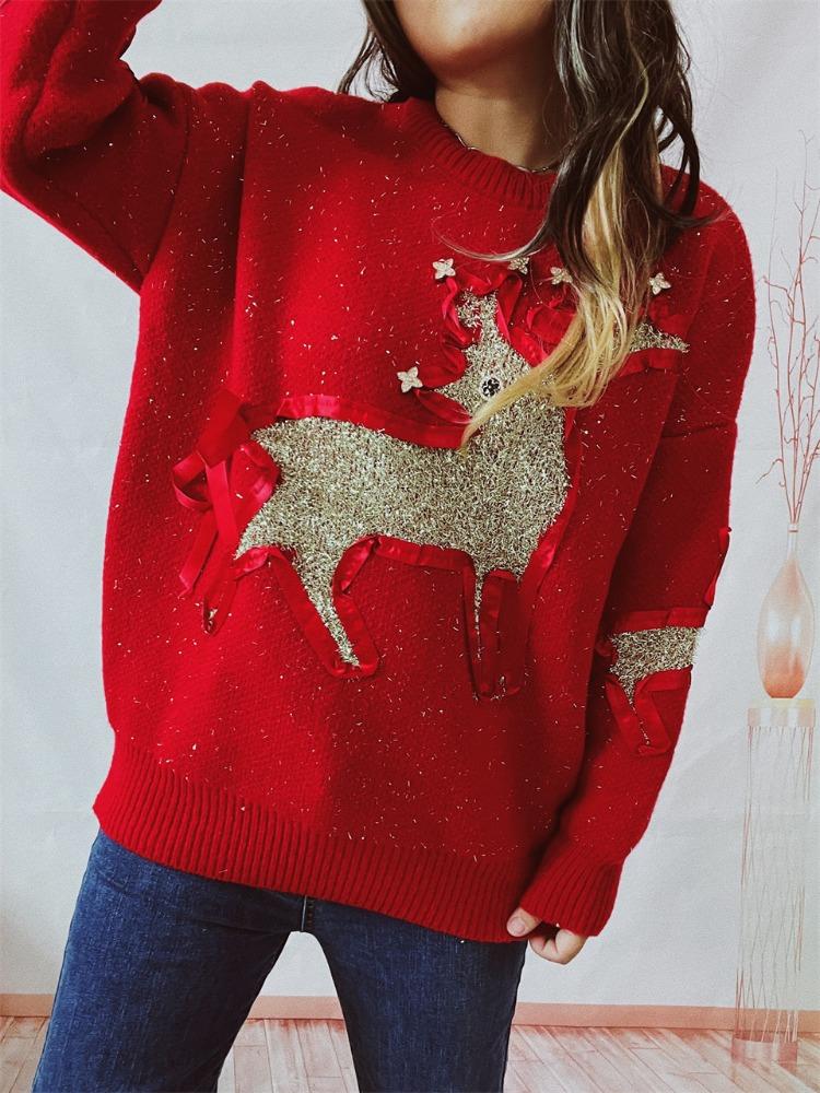 New Autumn/winter Christmas Sweater Women's Ribbon Gold Thread Jacquard Deer Round Neck Thick Knit Pullover
