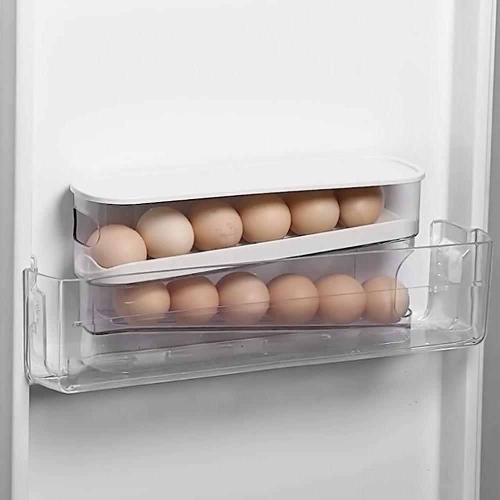 Large Capacity Refrigerator Egg Holder Organizer Automatic Scrolling Transparent Drawer Box Case Double Layer Egg Tray Egg Storage Box