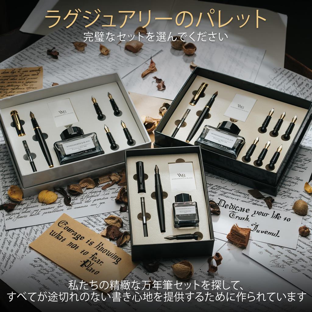 Sada plnicího pera Wordsworth Black s 18karátovým zlatým hrotem střední a extra jemné šířky, 25ml černý inkoust, 6 inkoustových náplní, dárkové pero, dárek pro muže a ženy & hroty, lahvička,