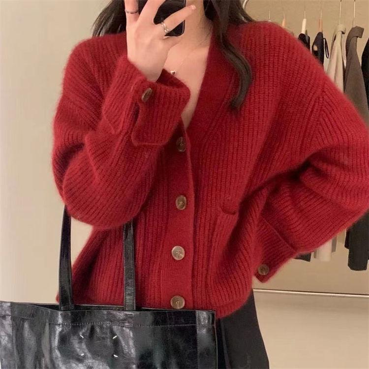 Women's Korean V-neck Knit Cardigan - Single-breasted, Loose Fit, Versatile Autumn/Winter Style