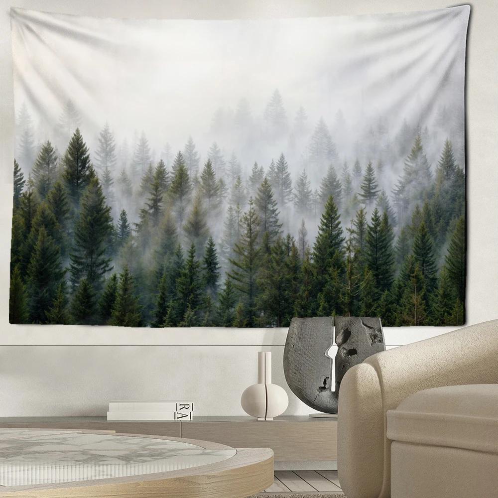 White Background Misty Pine Forest Tapestry Wall Hanging Simple Modern Art Landscape Dormitory Living Room Home Decor