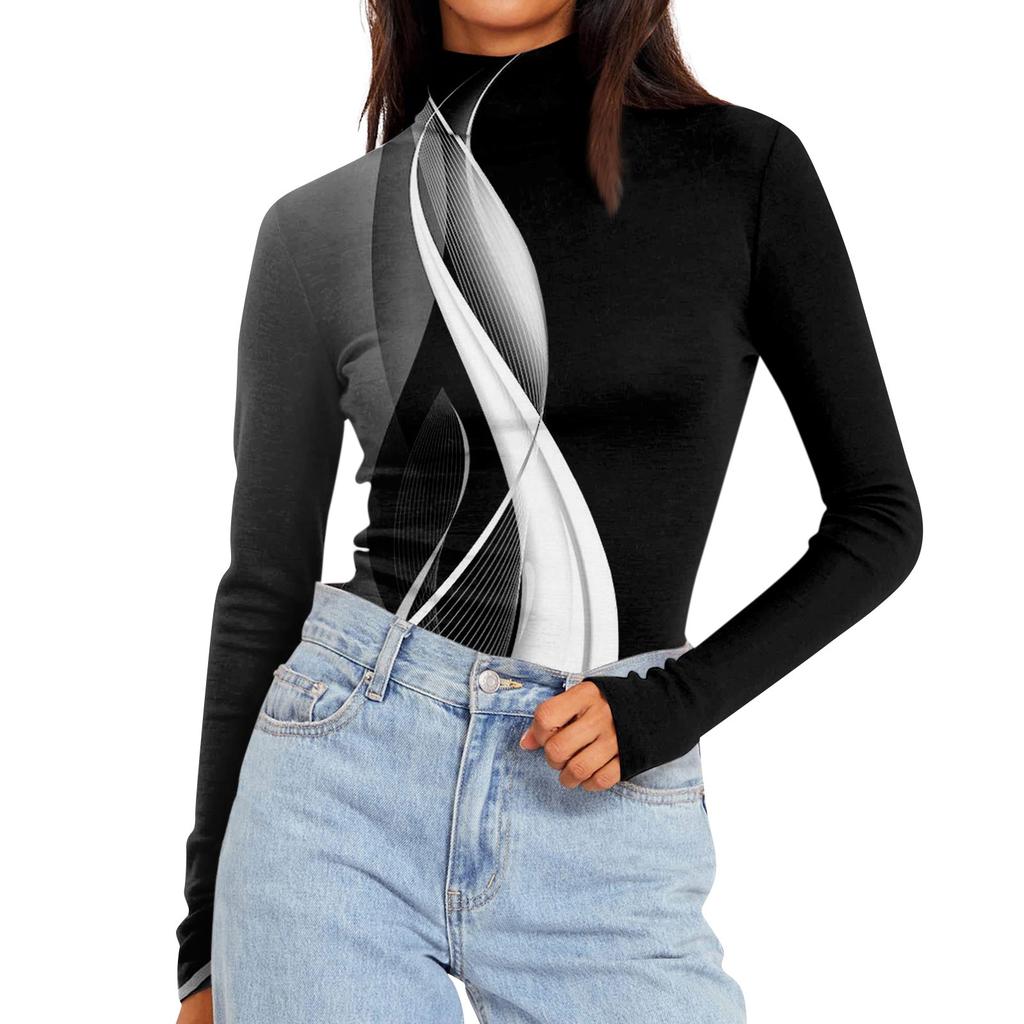 Camisas de manga larga con cuello alto para mujer, estampadas, moda de otoño, básica, ajustada, suave, térmica