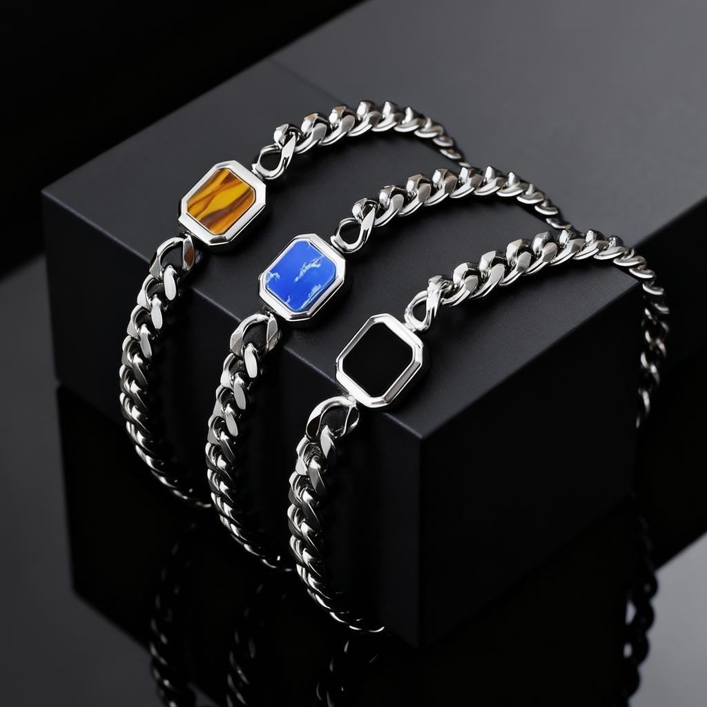 Stainless Steel Adjustable Chain Bracelet for Men, 5mm Width Natural Stone Charm Bracelets, Fashion Jewelry Gift for Him Husband