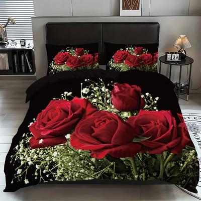 Quilt Cover Three-Piece Set Red Rose Printing Bedding Flower Pillowcase Quilt Cover Home Textile Delivery