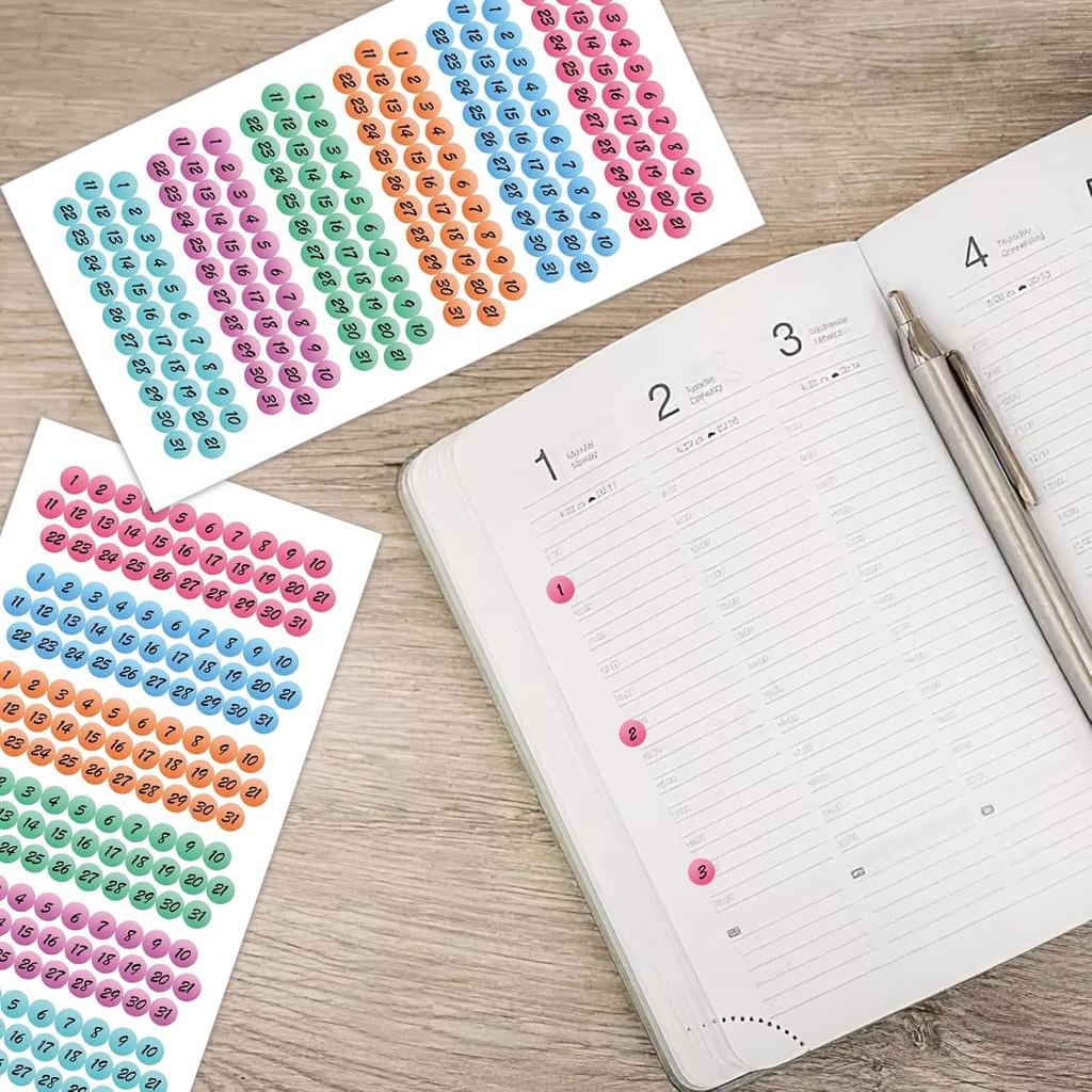 372-Piece Rainbow Color Planner Stickers - Foiled Date Dots, Number Stickers, Planner & Journal Decoration, 2 Sheets