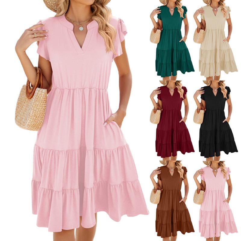 Spring Summer Solid Color V-neck Loose Short Sleeved Waist Patchwork Dress