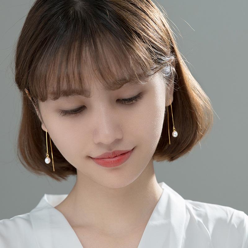 Fashion Jewelry 925 Sterling Silver Long Earrings Natural Pearl Long Chain Tassel Gold Plated Stud Earrings Ear Line for Women