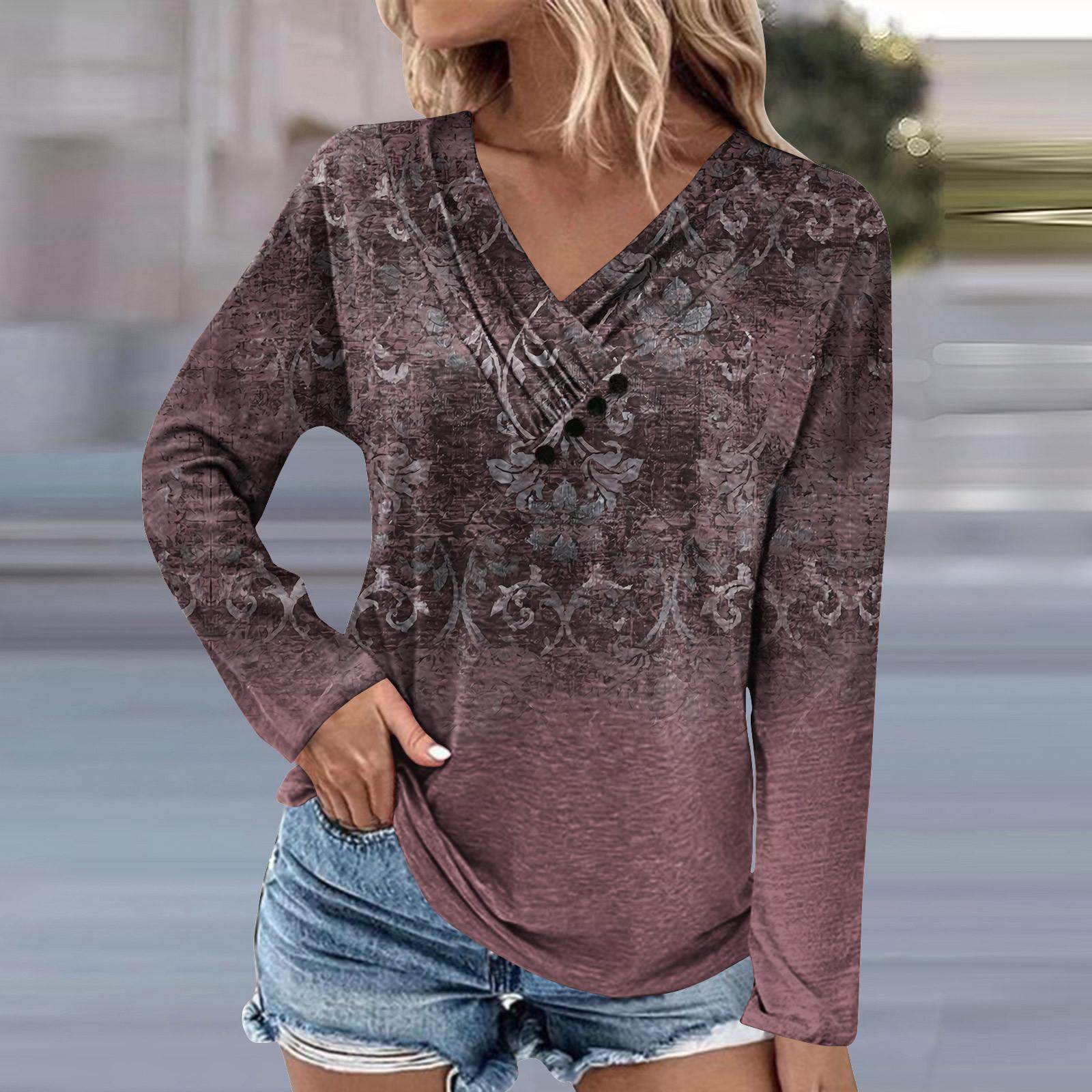 

Женская туника с длинными рукавами, свободные топы, повседневные топы большого размера, плиссированная туника на пуговицах, повседневные осенние женские топы с цветочным принтом L светло-коричневого