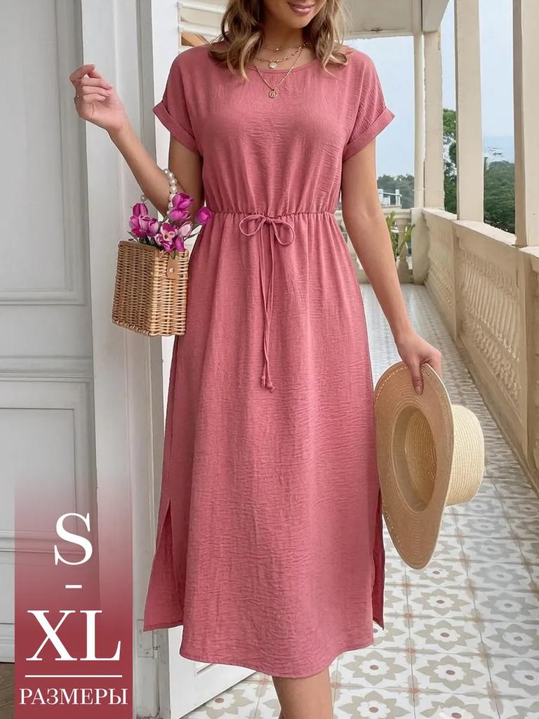 women's crinkle textured round neck drawstring waist short sleeve side split midi sundress summer casual beach dress