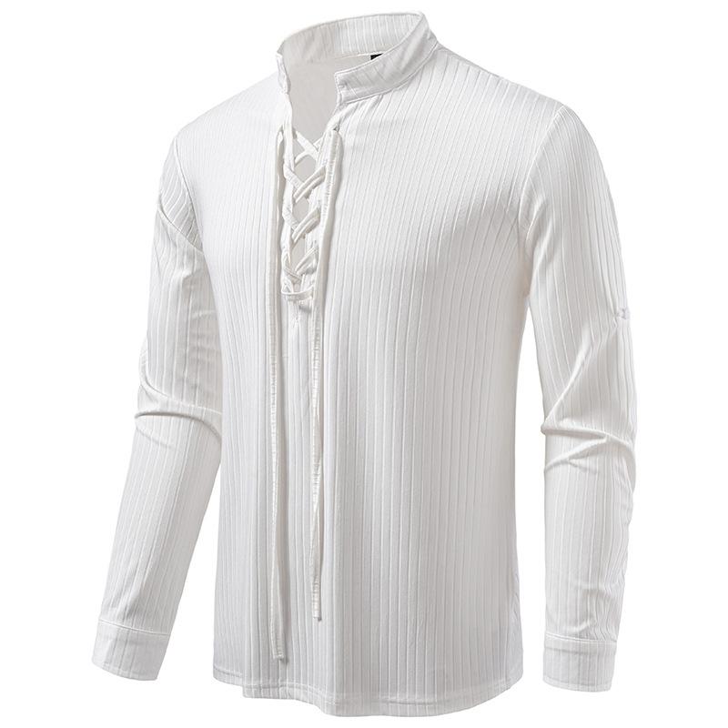 Men's Lace-Up Stand Collar Striped Shirt Long Sleeve Casual Top for Men Spring Autumn Fashion Multi-Color Textured Male Blouse