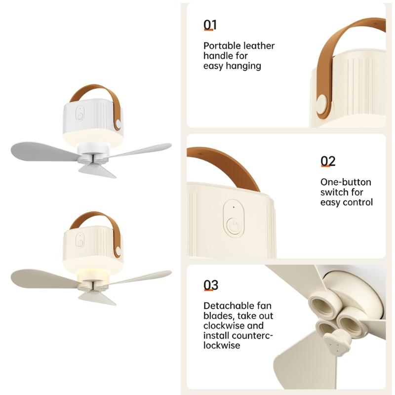 Remote Control USB Mini Ceiling Fan With LED Light 3 Speed Portable Hanging Fan For Camping Tent Outdoor Emergency