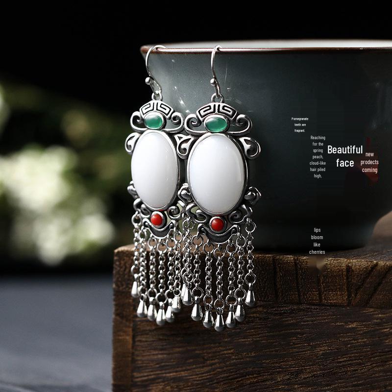 

Chinese Style Electroplated Thai Silver Jade & Tassel Earrings Electroplated Thai Silver Craft