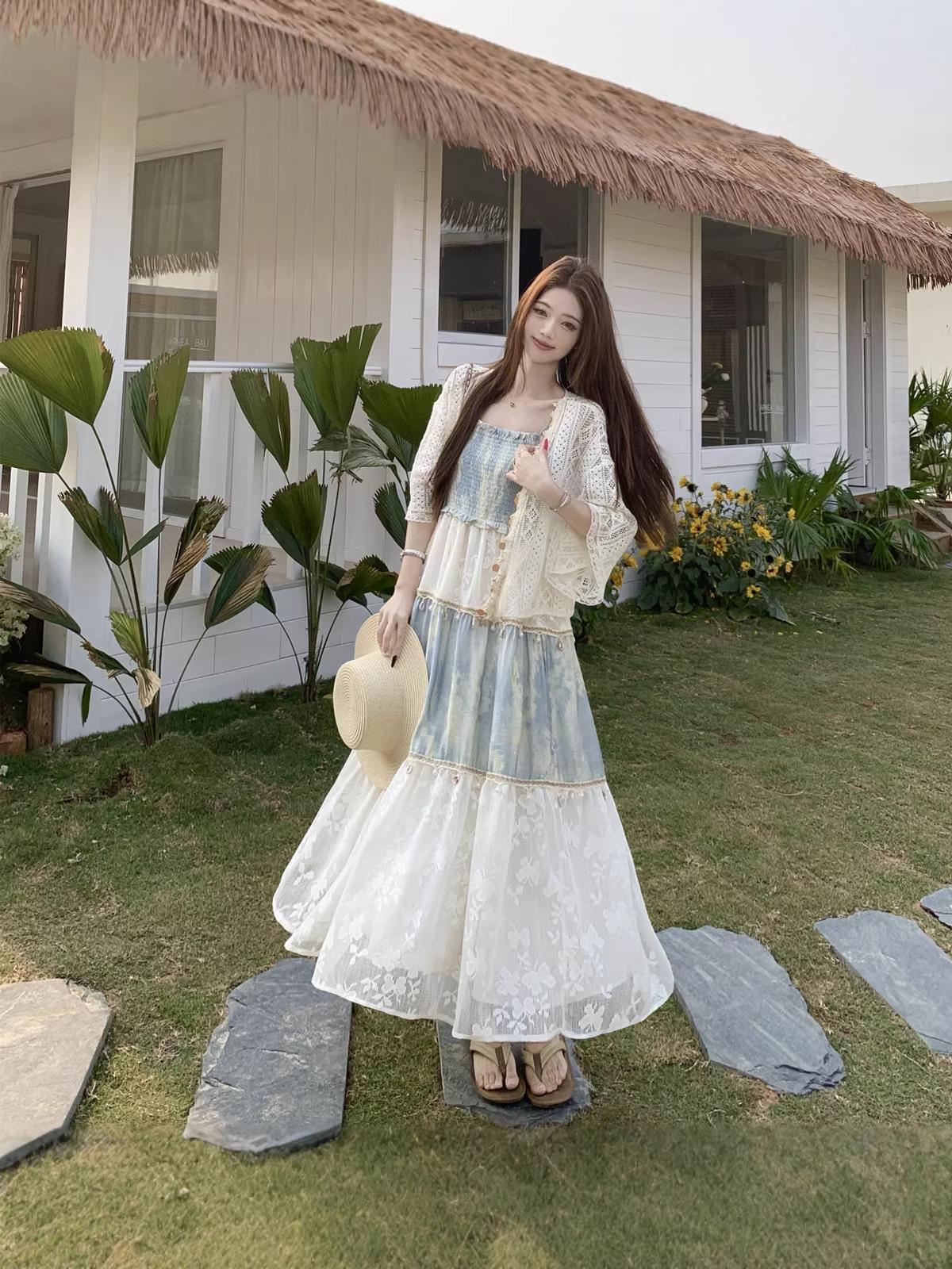 

2026 Plus Size Bohemian Strappy Dress & Gradient Lace Cardigan Set L
