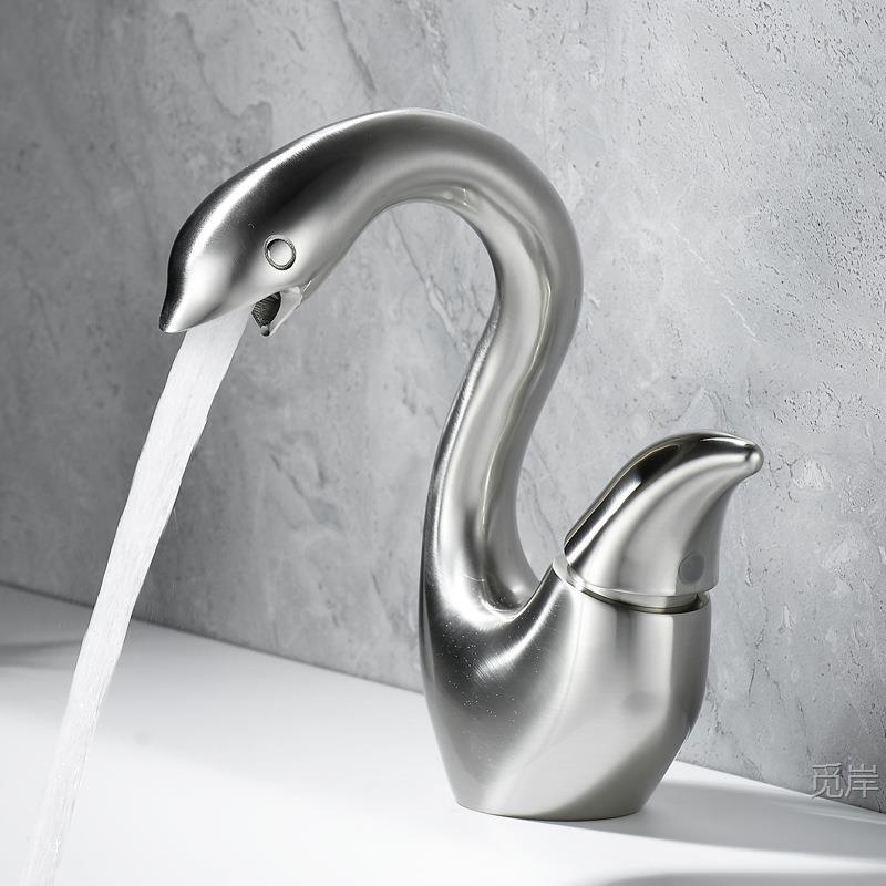 Gold Creative Swan Basin Faucet, Solid Brass Bathroom Vanity Sink Faucet, Hot and Cold Water Faucet, Gunmetal Gray