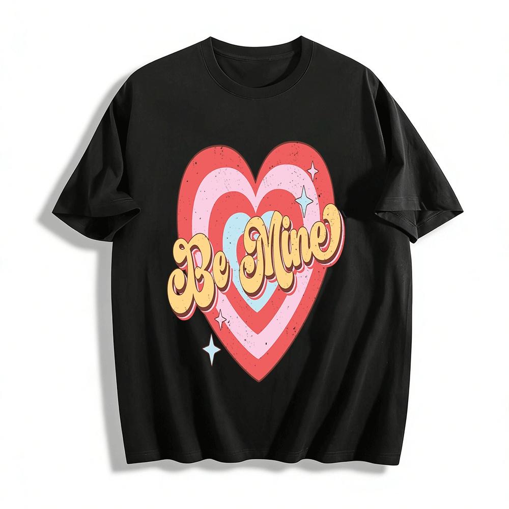 Retro Be Mine Heart Print Casual Couple Crewneck Short Sleeve T-Shirt Pure cotton T-shirt XXS