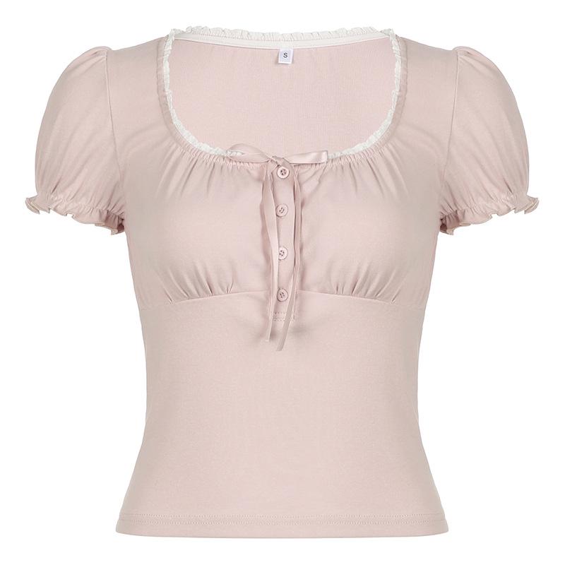 

Короткий топ с кружевными складками для девочек, рукавами-фонариками, застегивающимися на бант, и квадратным воротником L