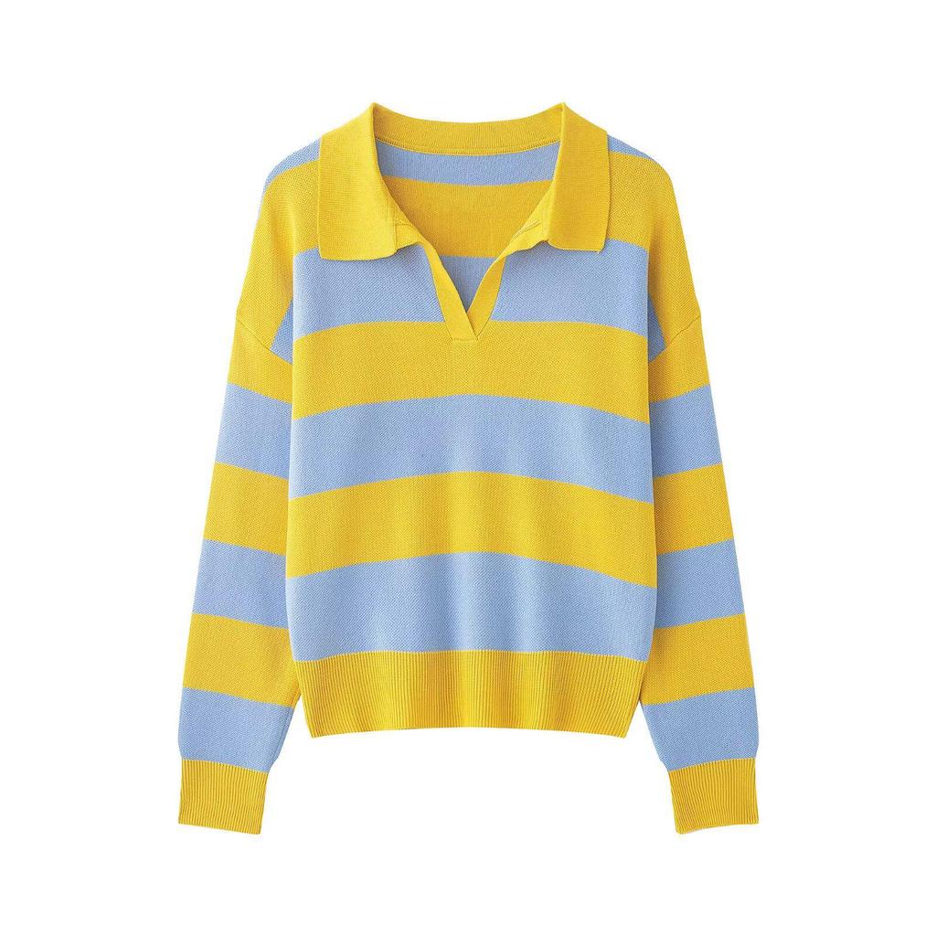 Spring 2026 Women's European & American Striped Lapel Knit Pullover Sweater