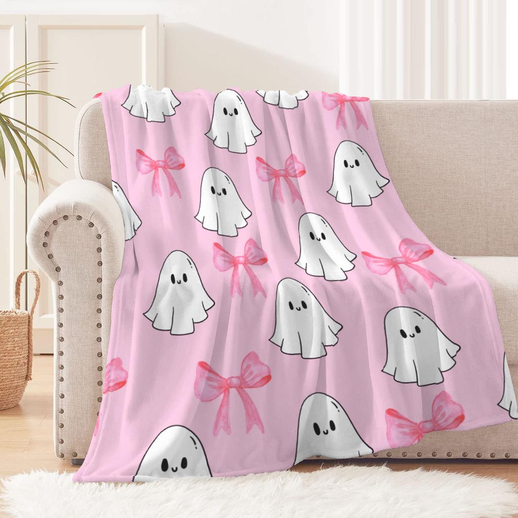 1pc Pink Sweet Bow Cute Ghost Flannel Blanket Soft and Comfortable Nap Envelope Small Cover Blanket Multi-purpose Blanket