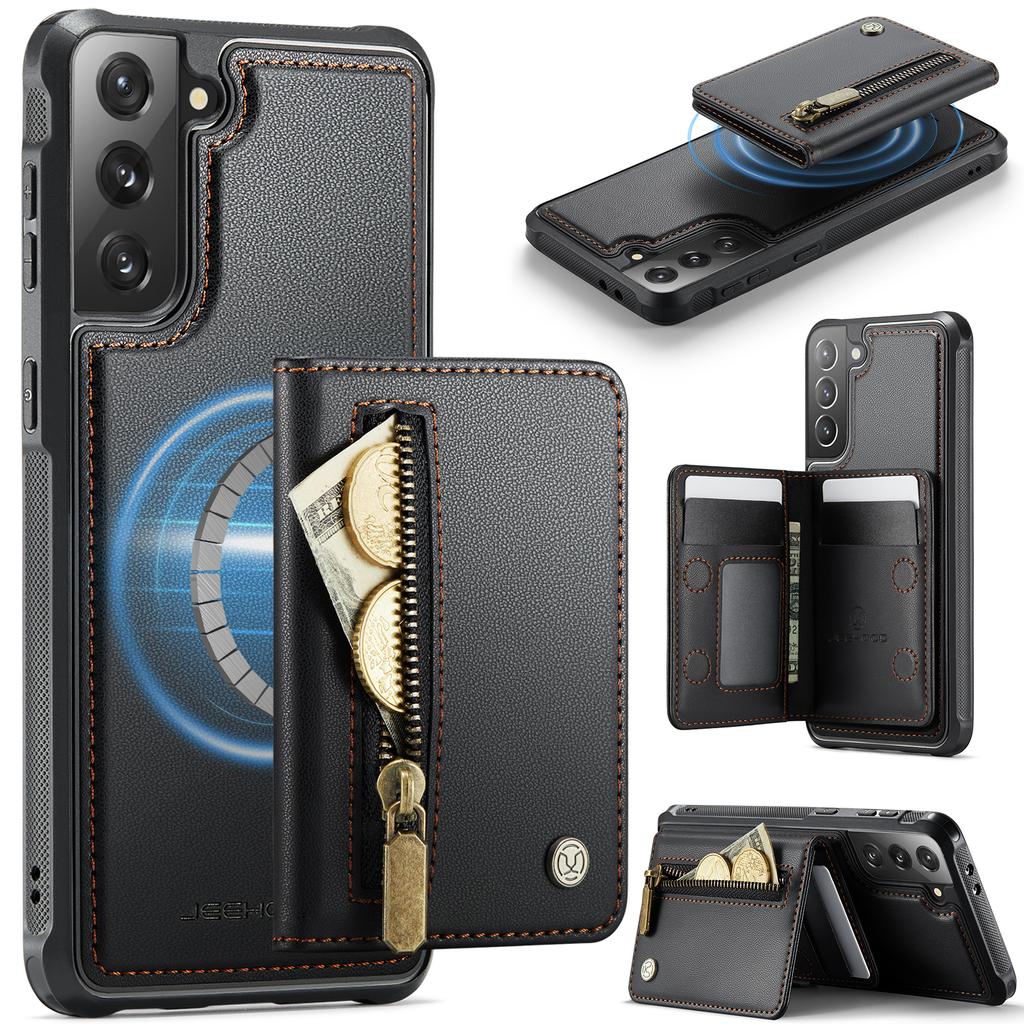 For Samsung Galaxy S21 5G Case JEEHOOD J12 Magnetic Detachable Zipper Wallet Kickstand Leather Back Cover Magnetic Case