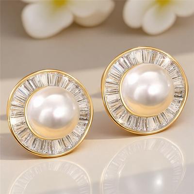 Luxury Female White Zircon Pearl Stone Stud Earrings Vintage Gold Color Wedding Party Gift  For Women