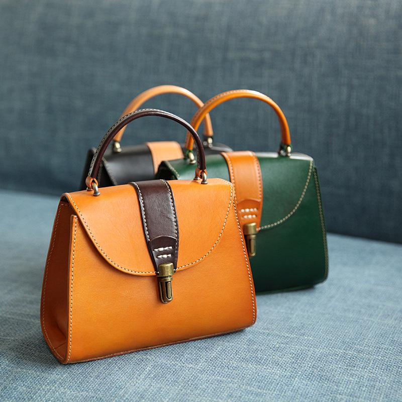 Johnature Genuine Leather Handmade Women Bag Handbag Retro Natural Real Cowhide Solid Color Versatile Shoulder Bags