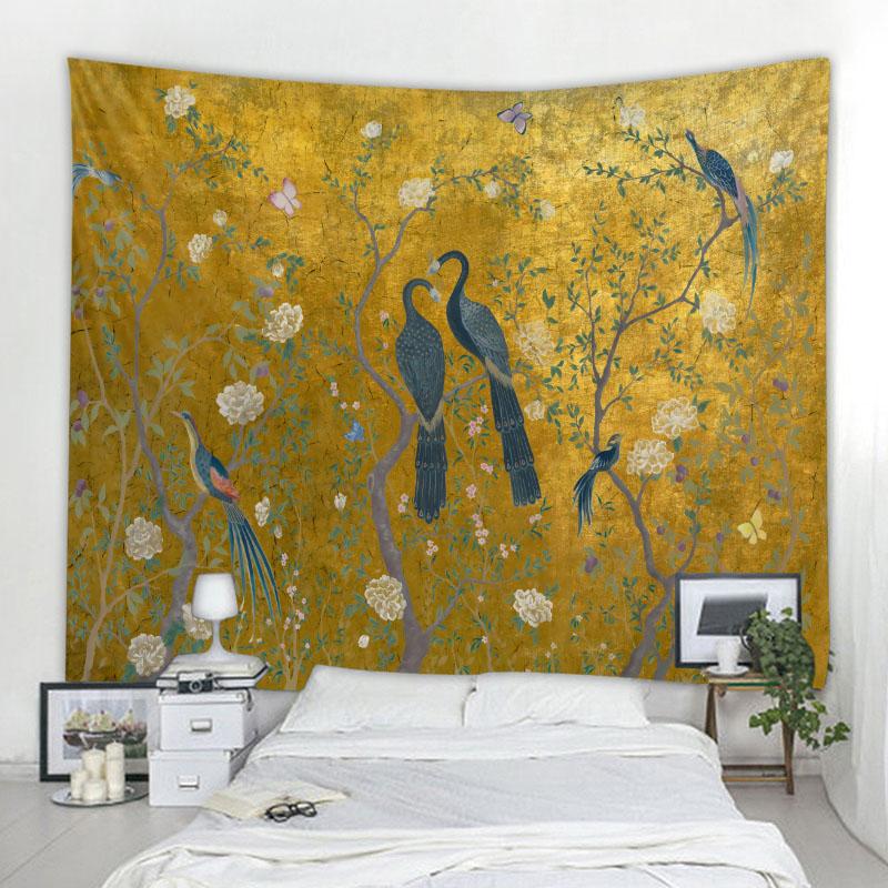 Plant, Flower, and Bird Tapestry Simple Nordic Style Wall Hanging Cloth Hippie Bohemian Home Dormitory Aesthetic Wall Decoration