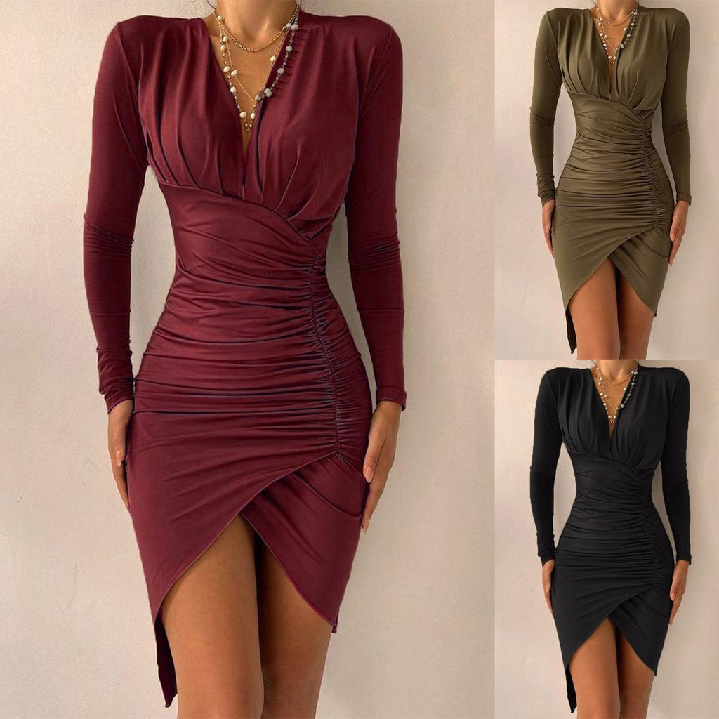 Women's V Neck And Winter Pleated Buttock Long Sleeve Dress